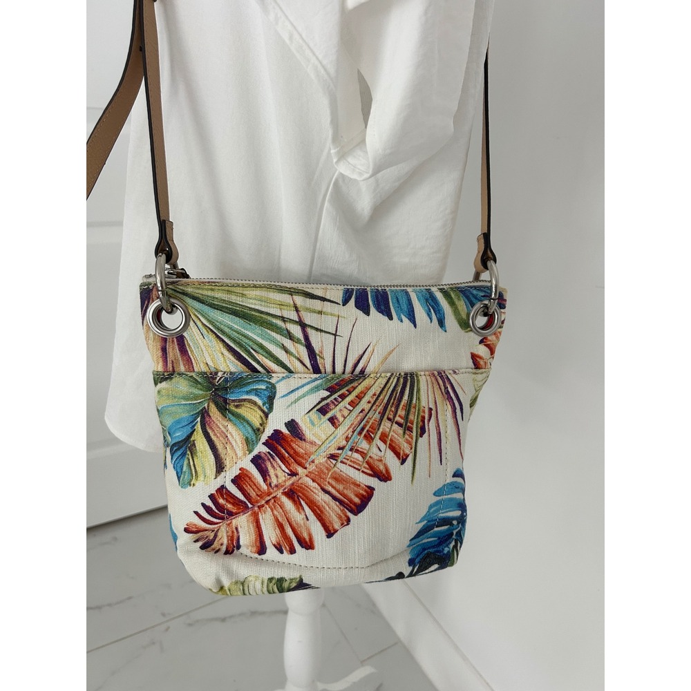 Chicos Tropical Palm Leaf Print Canvas Crossbody Bag Tan Adjustable Strap Cream